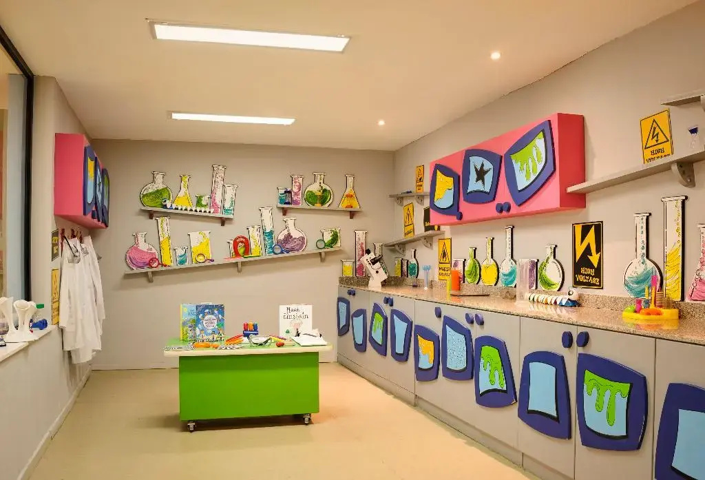 Coral Sea Sensatori Resort: A colorful science-themed activity room with lab-style counters, shelves of glassware, and a central worktable.