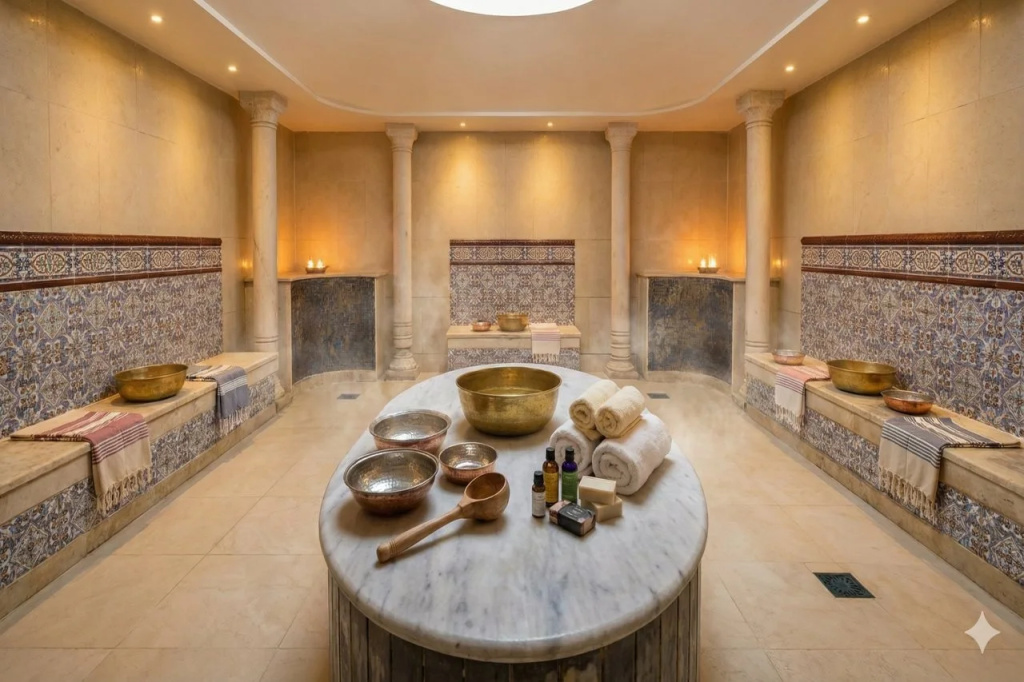 Regency Plaza Aqua Park & SPA: A warmly lit hammam-style spa room with tiled walls, stone surfaces, towels, and treatment bowls.