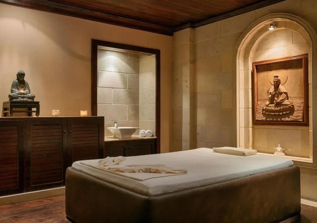 The Cascades Golf Resort Spa and Thalasso: A warmly lit treatment room with a massage table and neatly arranged towels.