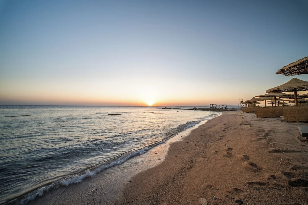 ananea Hurghada – Adults Only: A quiet sandy shoreline meets calm water beneath a low sunset, with thatched shade structures along the beach.