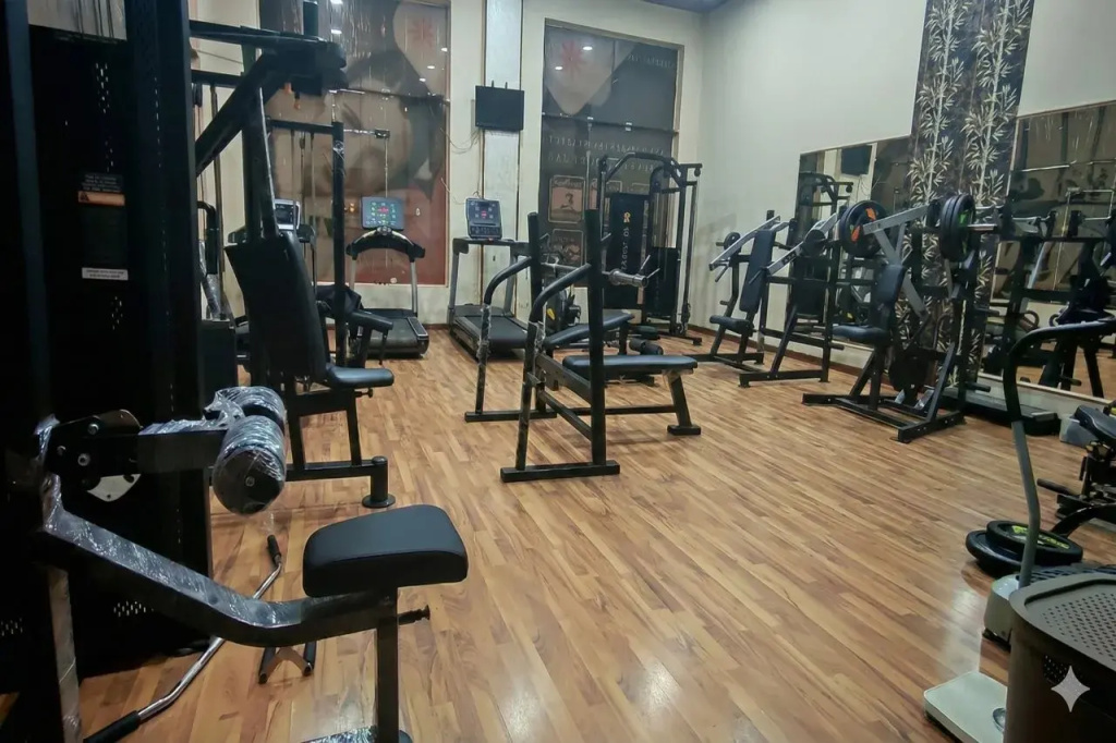 Regency Plaza Aqua Park & SPA: A well-equipped gym with strength-training machines, cardio equipment, and mirrored walls.