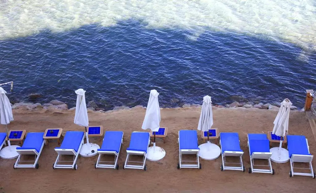 Lido Sharm Hotel Naama Bay: Blue sun loungers and white parasols line a waterfront terrace beside the sea.