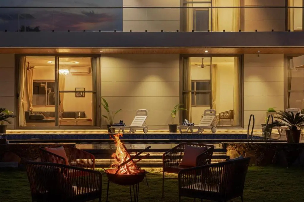 SaffronStays Raaga - luxury 4BR villa with private pool, lawns, gazebos & sweeping Aravalli hill vie