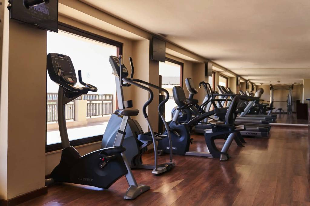 Steigenberger Aqua Magic Hotel: Bright fitness room with rows of cardio equipment and large windows.