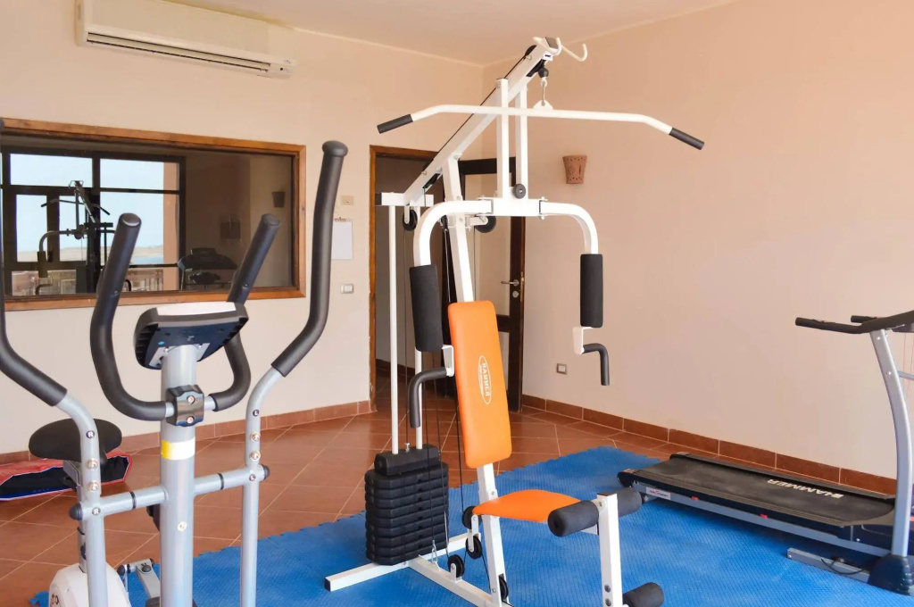 Viva Blue Resort and Diving Sharm El Naga (Adults Only): An indoor gym with strength-training machines, a treadmill, and a wall-mounted air conditioner.