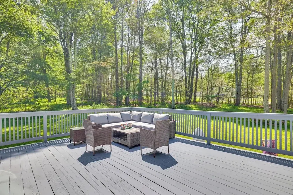 Yard + Game Room: Wooded Poconos Retreat
