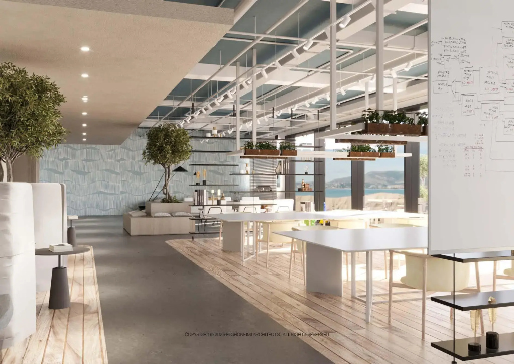 The Kaktus Somabay: A bright, open-plan dining lounge with communal tables, indoor trees and expansive windows overlooking the sea.
