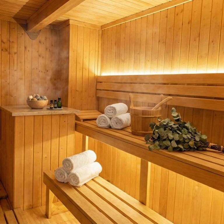 Romance Regency Club Adult Only (+16) - Ultra All Inclusive: Warm wood-paneled sauna with tiered benches, rolled towels, and traditional sauna accessories.