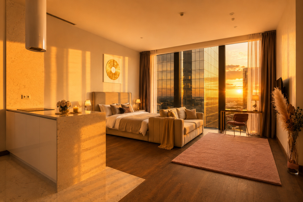 Апартаменты Sky City Moscow LUX Студия с большим окном с видом на все башни и город! — фото