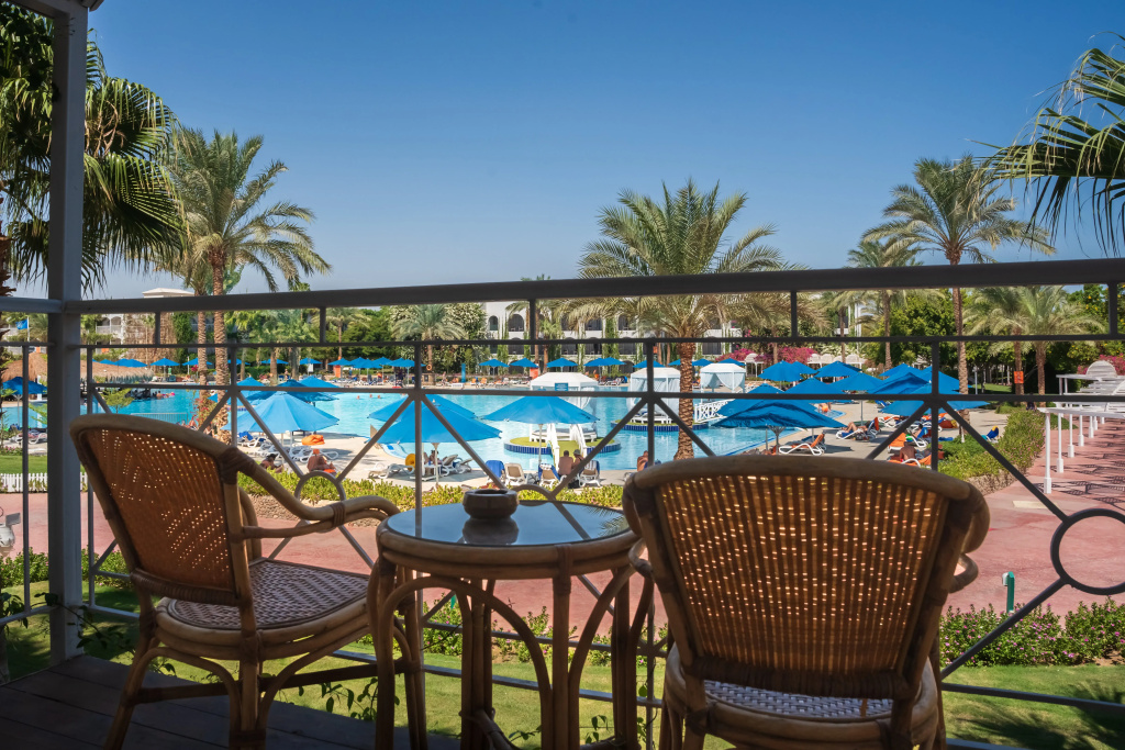 Desert Rose Resort: A furnished balcony overlooks the outdoor pool, lined with sun loungers and blue shade umbrellas.