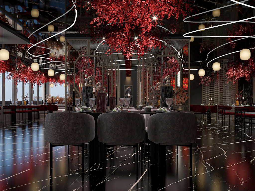 Sunrise Remal Beach Resort: A striking dark interior features three high-backed stools at a counter, glass walls, and vivid red foliage under warm accent lighting.