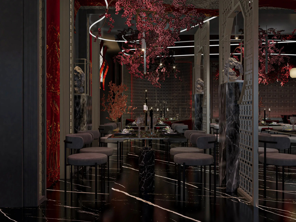 Sunrise Remal Beach Resort: A dramatic dining lounge with counter seating, dark marble finishes, and decorative pink blossoms overhead.