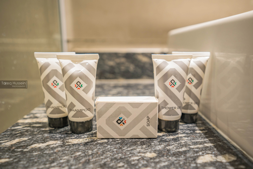Pyramisa Sahl Hasheesh Resort hotel: Shampoo, shower gel, and soap are arranged on a bathroom counter.