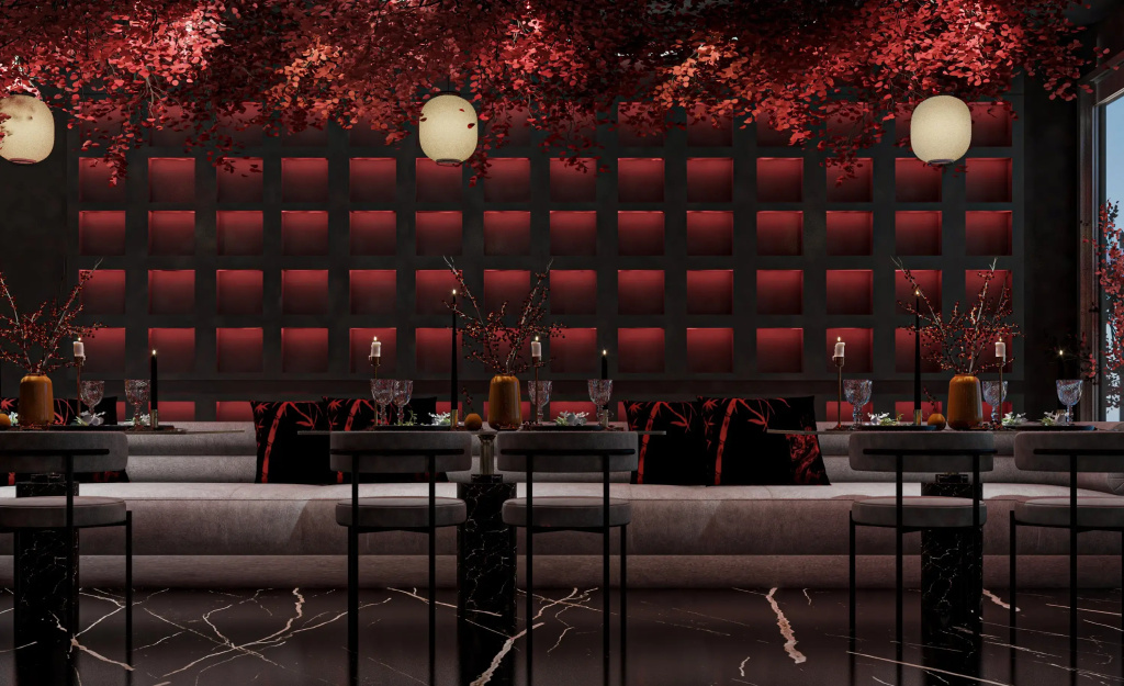 Sunrise Remal Beach Resort: A dramatic bar lounge with counter seating, warm pendant lights, and rich red botanical decor.