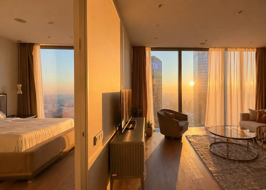 Отель Апартаменты Sky City Moscow 75 этаж! Шикарный вид на МГУ, Парк Победы, Лужники, башни и город! Дизайнерский! Закатная стороны! в Москве