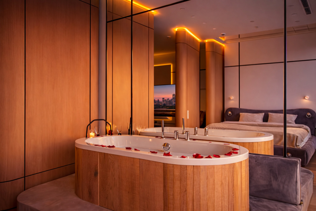 Отель Апартаменты Sky City Moscow Ванна у окна! Закатная сторон! Дизайнерский Премиум Апартамент! в Москве