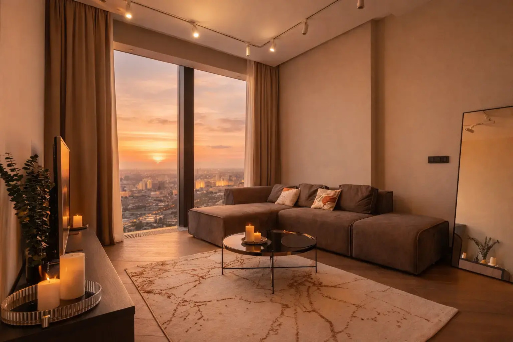 Апартаменты Sky City Moscow 59 этаж! Редкий вид на город! Интерьер нежный как лакомка! — фото