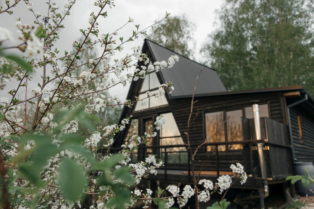Частный дом Черный Русский A-Frame дом с видом на город и березовую рощу — фото