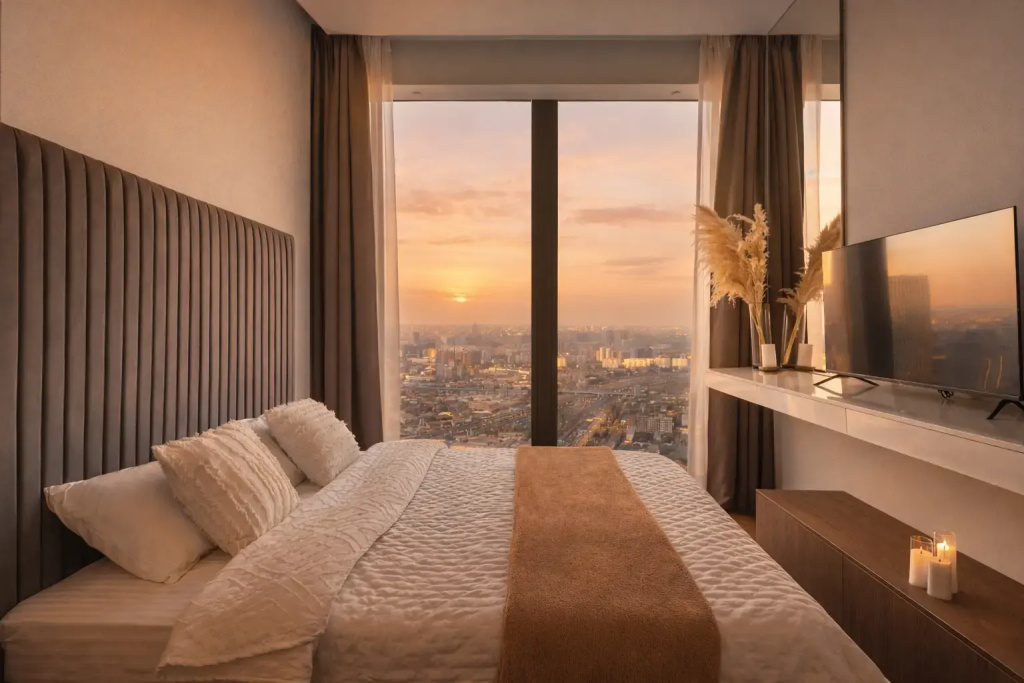 Апартаменты Sky City Moscow 59 этаж! Редкий вид на город! Интерьер нежный как лакомка! — фото