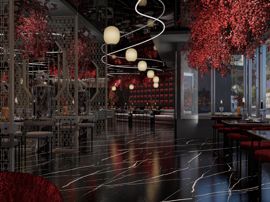 Sunrise Remal Beach Resort: A dramatic dining room with elegant tables, red accents, and sculptural pendant lighting.