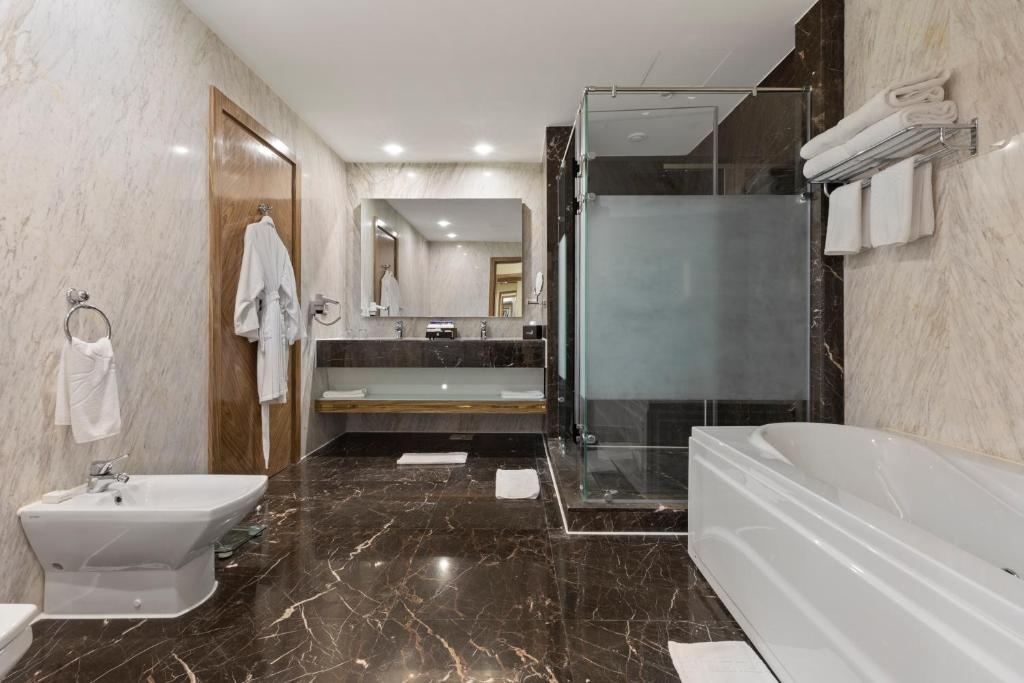 Pickalbatros Citadel Resort: A modern bathroom with a glass-enclosed shower, bathtub, and vanity.
