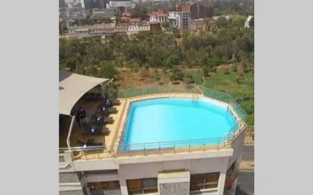 Rooftop pool with scenic city skyline view-studio