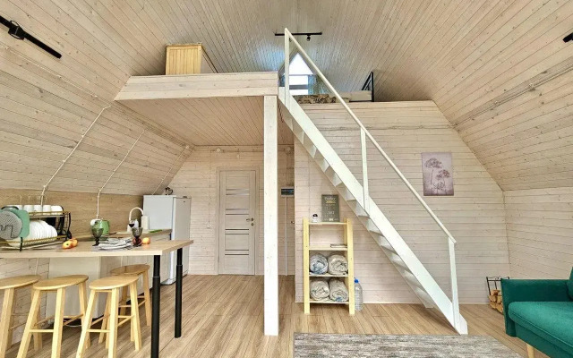 A-Frame house with a bath tub