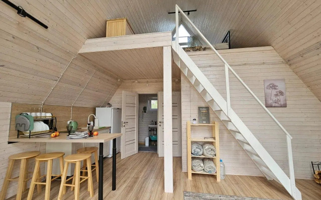 A-Frame house with a bath tub