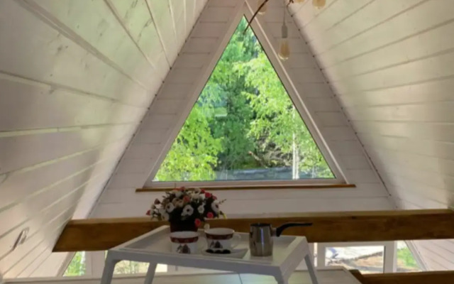 A-frame house with a bath tub and a wood-burning sauna