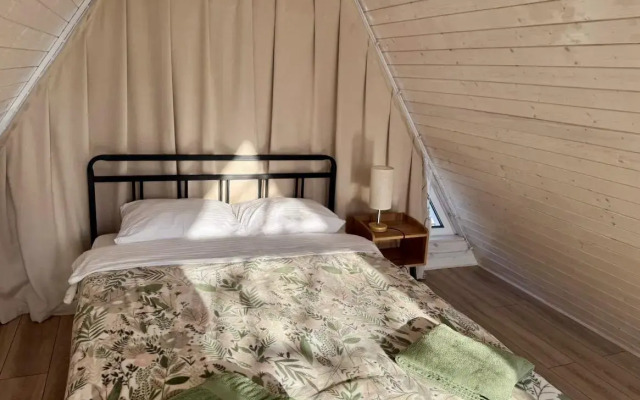 A-Frame house with a bath tub