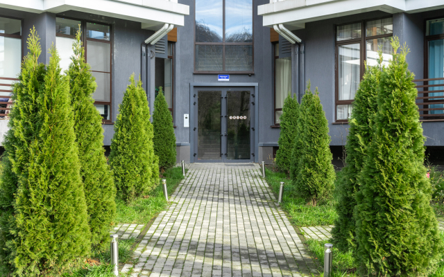 Studiya s vitrazhnymi oknami s vidom na les i gory Flat
