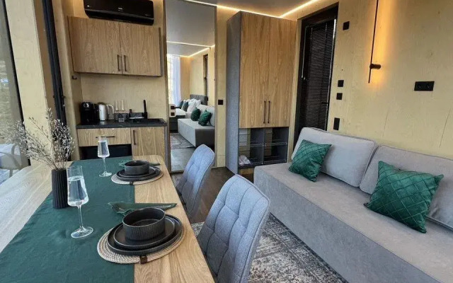 Zerkalny dom Sny Altaya s panoramnym vidom na tajgu i goru Splyk Private house