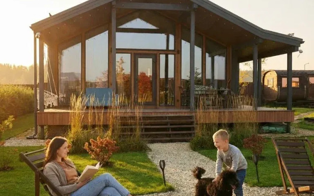 Частный дом с панорамными окнами с выходом на террасу и баней на дровах