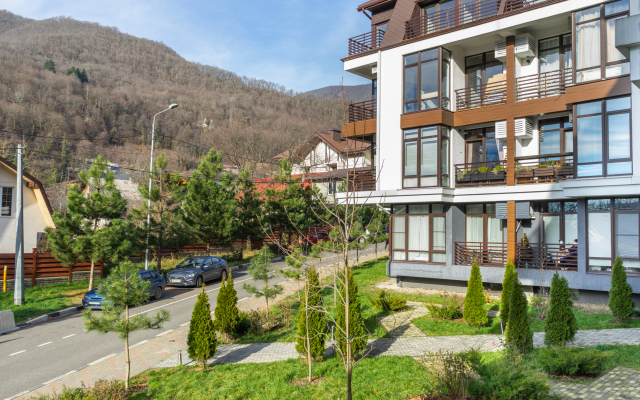 Studiya s vitrazhnymi oknami s vidom na les i gory Flat