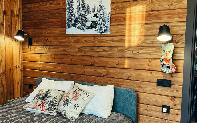 Частный дом с панорамными окнами с выходом на террасу и баней на дровах