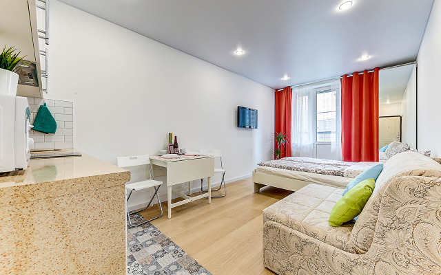 Red Blue Curtains Studio Living quarters