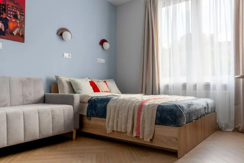 Дизайнерская квартира студия 4flats A LA RUS в ЖК Галактика Премиум — стиль и комфорт у центра Санкт-Петербурга — отель с удобствами в Санкт-Петербурге