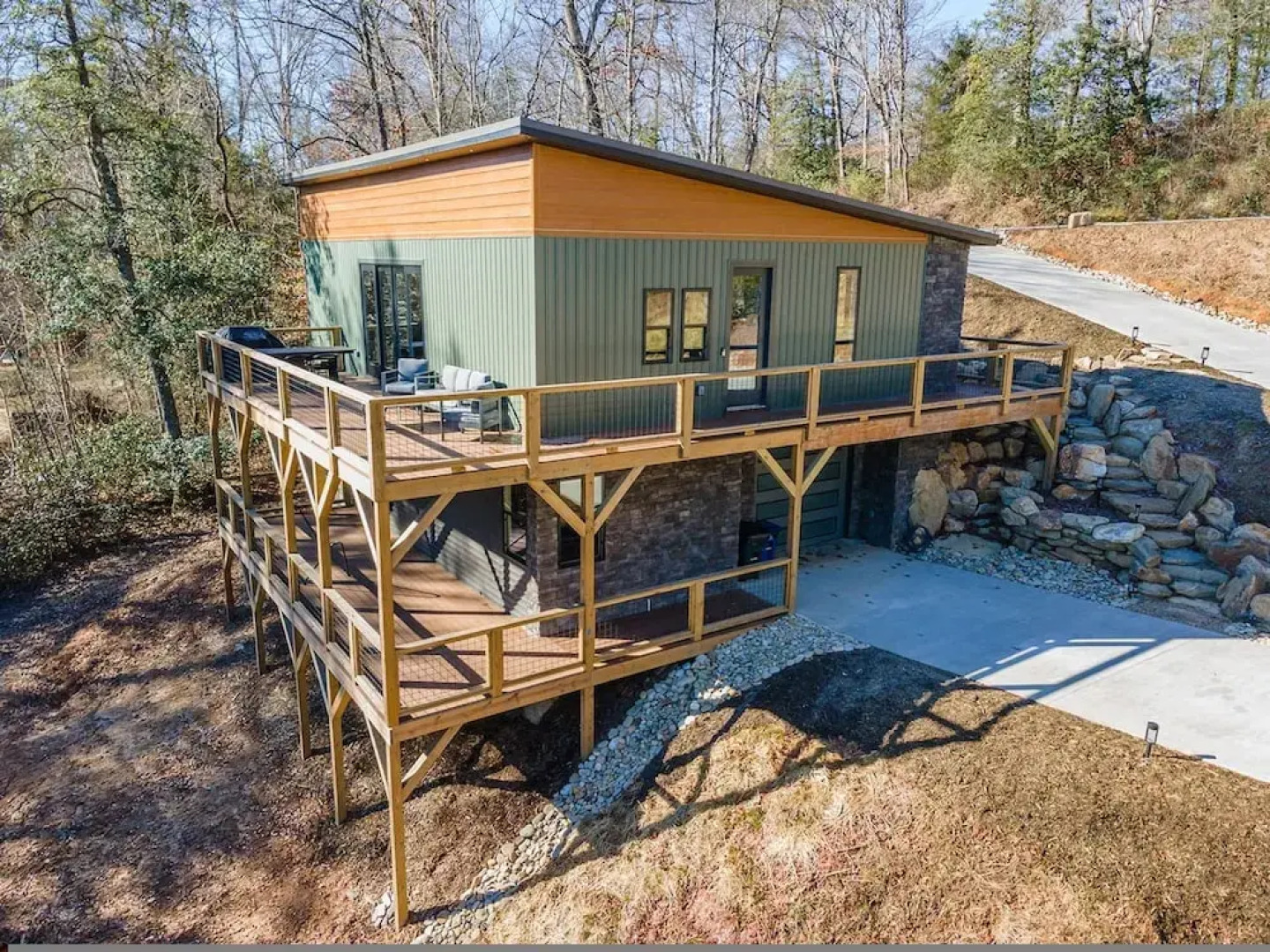Modern Forest Retreat Sauna Fireplace Views