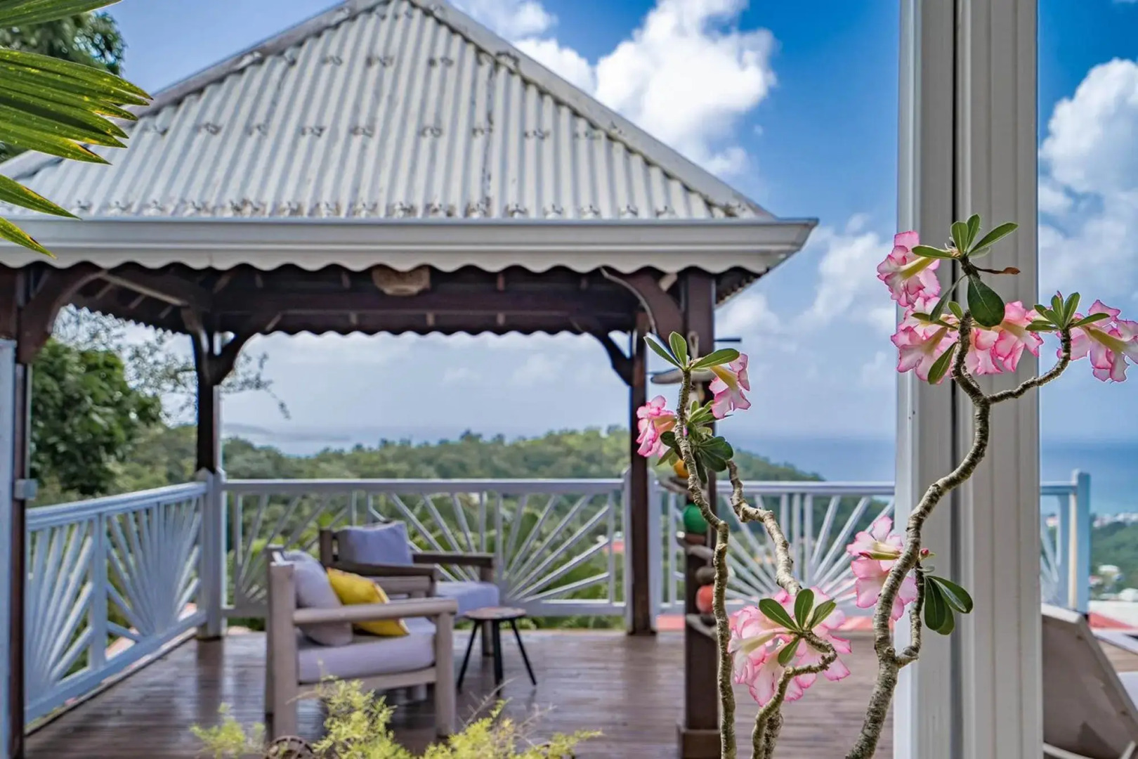 Villa Palmier rouge : 3 ch, piscine à débordement, vue mer et végétation