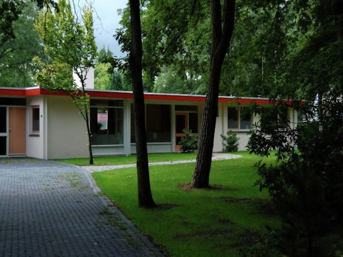 Cozy decorated house with fireplace, surrounded by forest