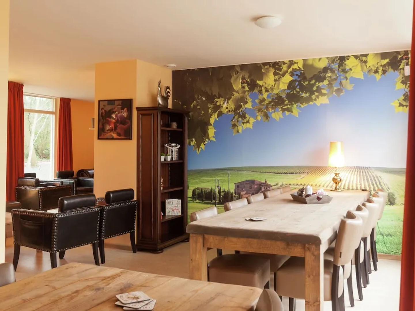 Cozy decorated house with fireplace, surrounded by forest