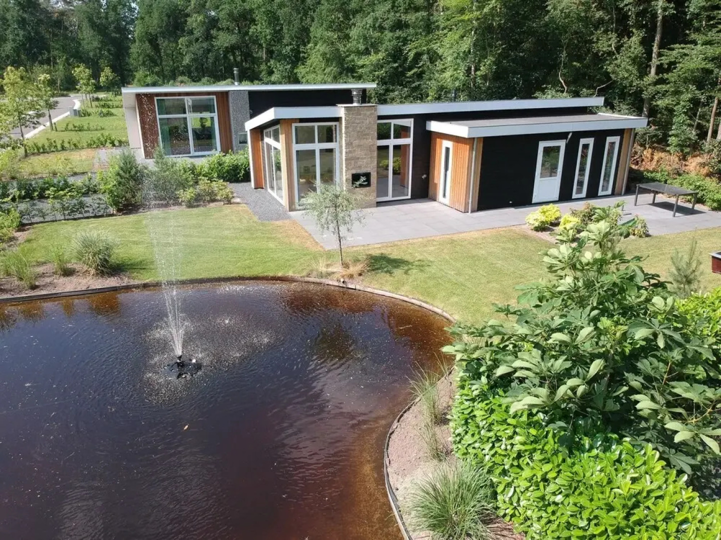 Modern chalet with a dishwasher, near a pond