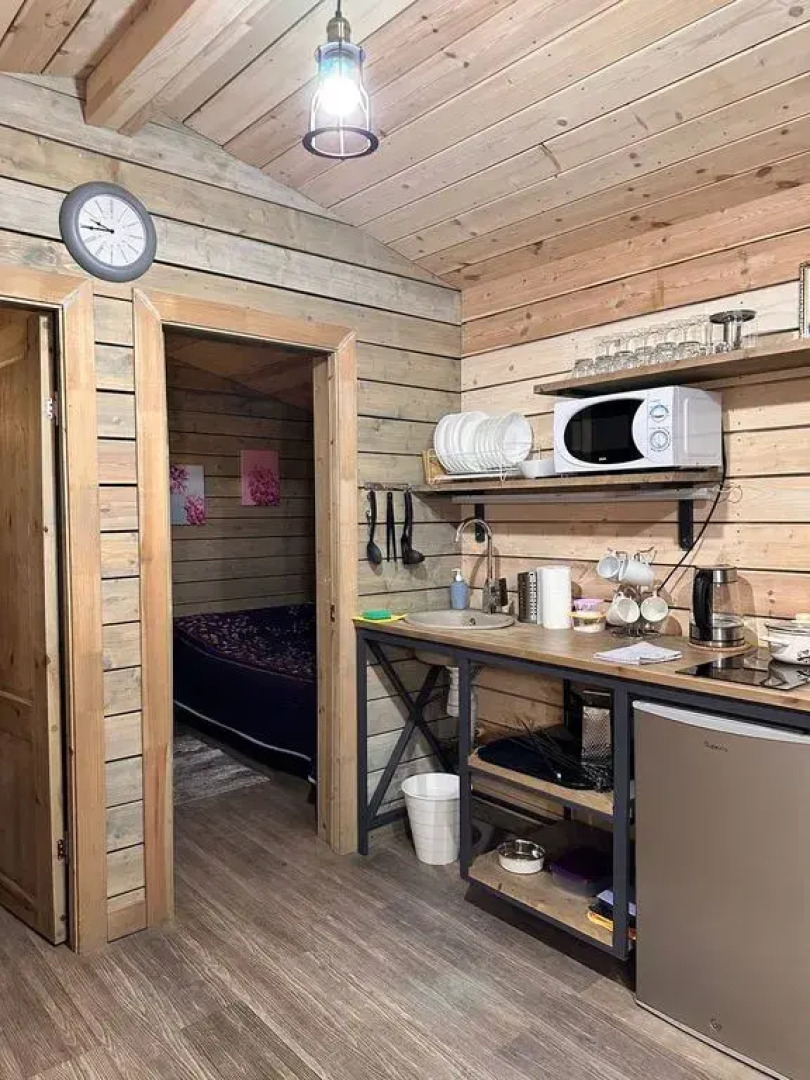 Частный дом с панорамными окнами в березовом лесу, терраса, баня, мангал