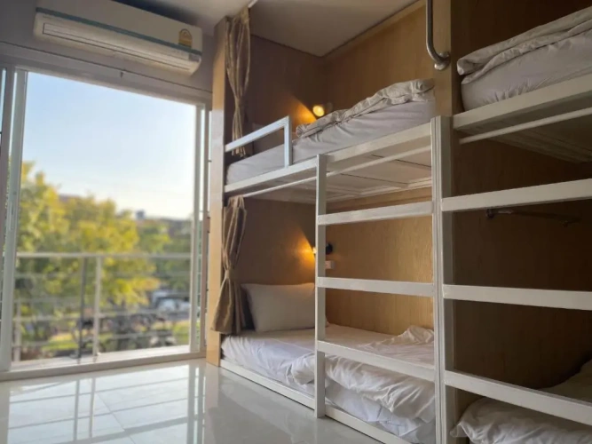 Bed in Dorm with balcony and with view