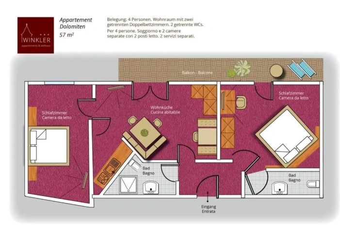 1 Bedroom Double Apartment with balcony and with mountain view