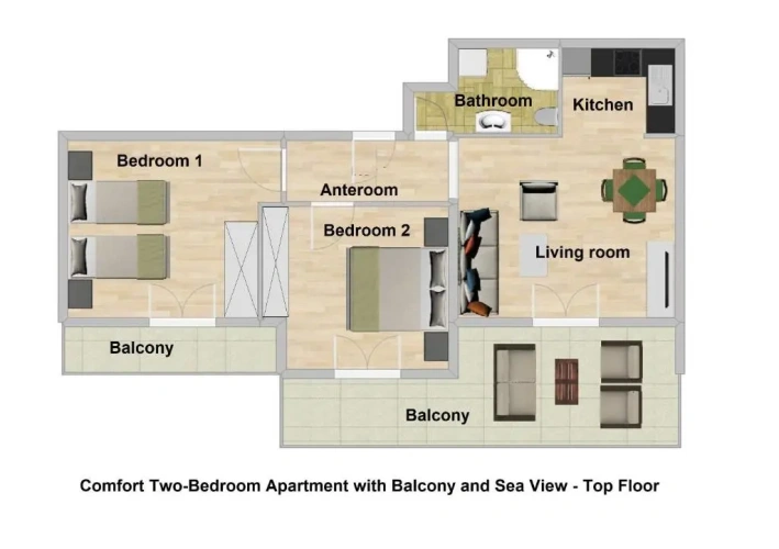 2 Bedrooms Comfort Apartment with balcony and with sea view