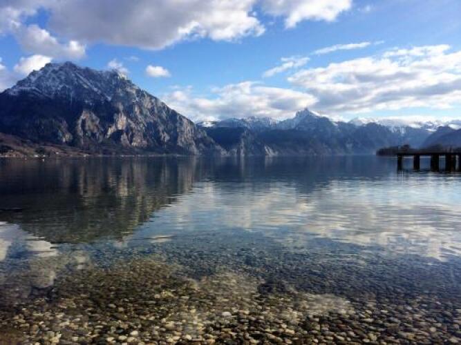 Apartment pool and lakeOver view