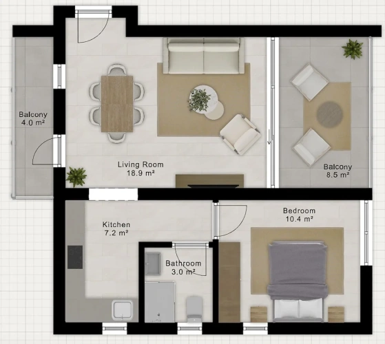 1 Bedroom Apartment with balcony and with city view