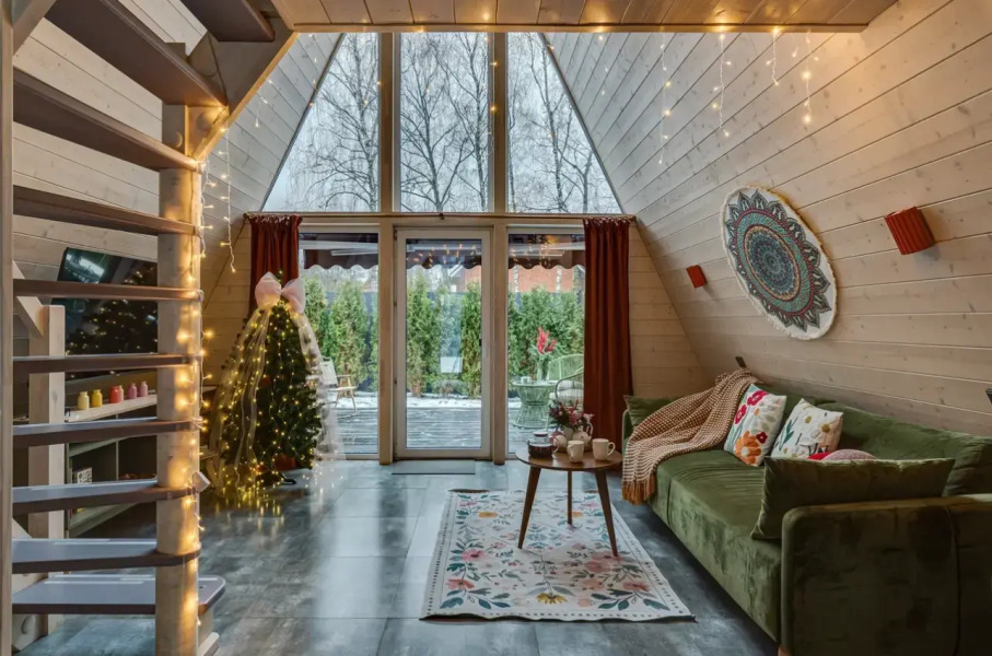 Частный дом Увеличенный А-фрейм Сад с баней и чаном